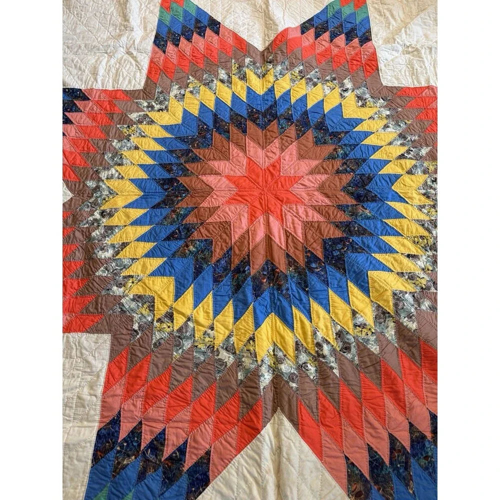 Vintage Handmade Lone Star Scrap Quilt Large Center Medallion Teal Border